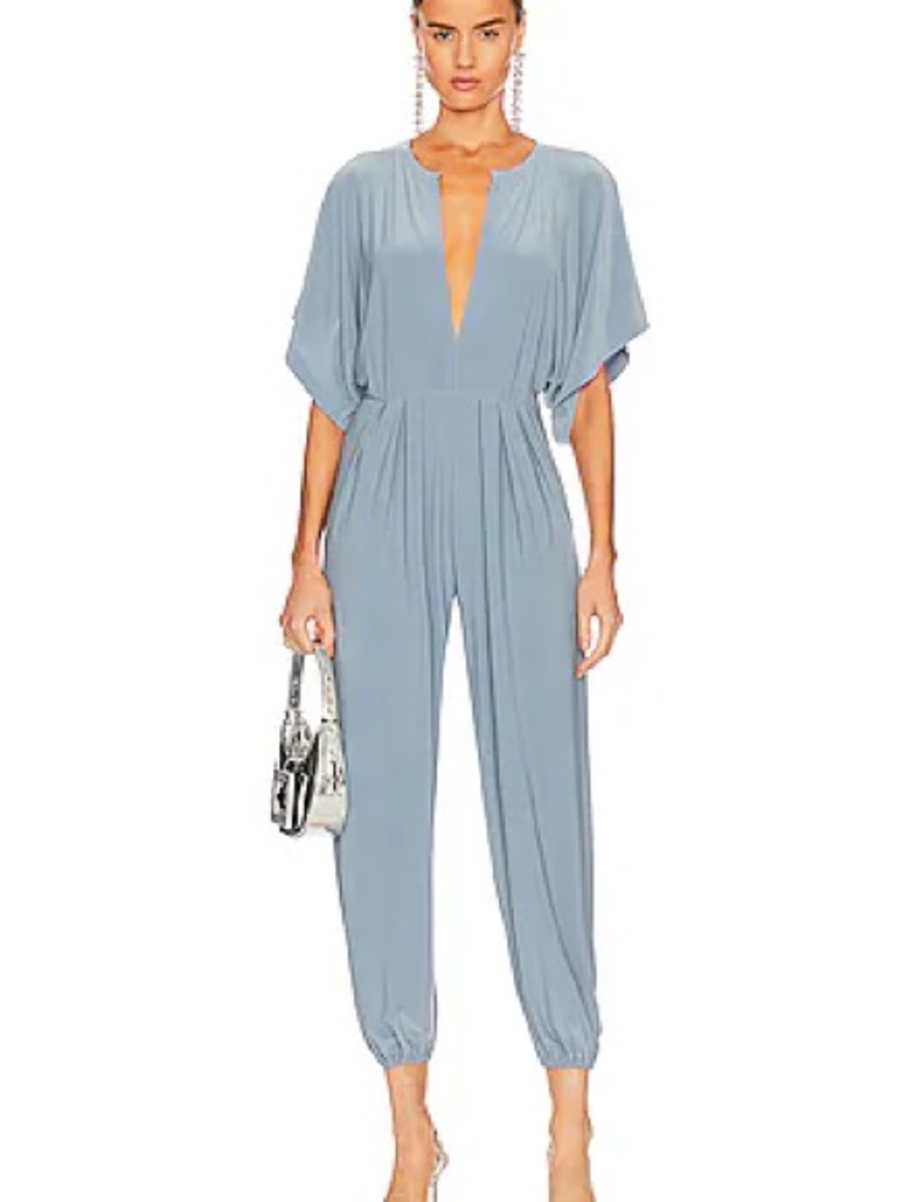 Norma Kamali Light Blue V-Neck Draped Jumpsuit